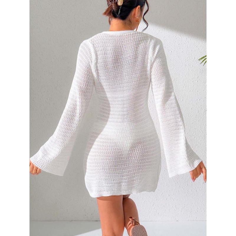 Women Sexy Deep V Hollow Out Long Flare Sleeve Crochet Flower Bodycon Mini Beach Cover Up Dress