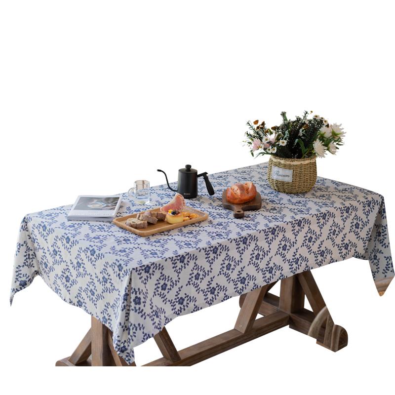 Cotton Linen Nordic Blue Vine Flower Tablecloth Round Rectangular Cover Towel Retro Pastoral Table Cloth Photo Background Wall