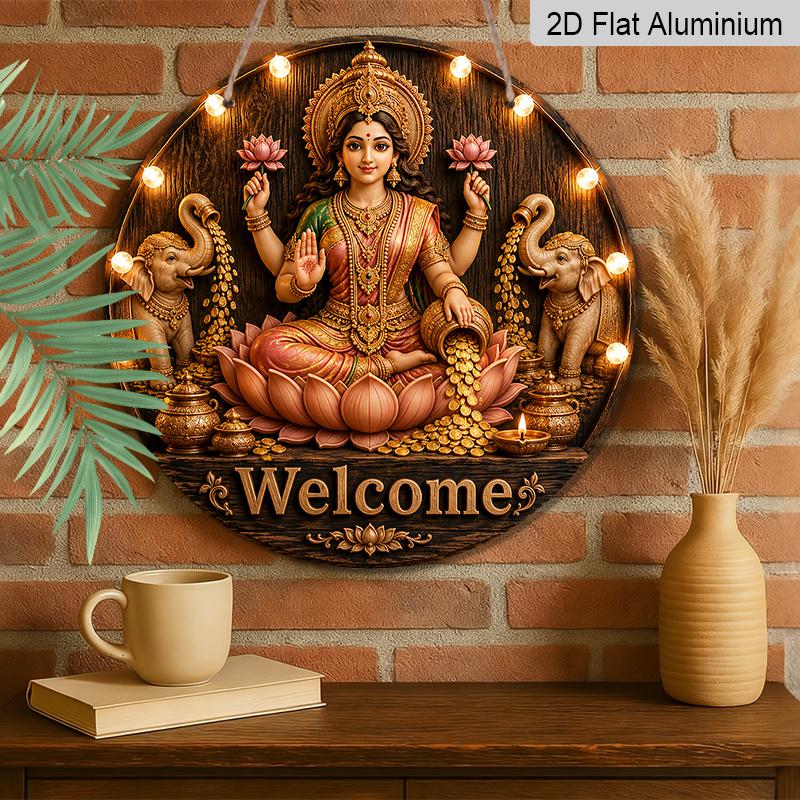 2D Flat, 1pc Round Aluminum Hanging Sign, Rustic Goddess Lakshmi Elephant Gold Coin Pink Lotus Candle Warm Bulb Welcome Print, Diwali Hindu