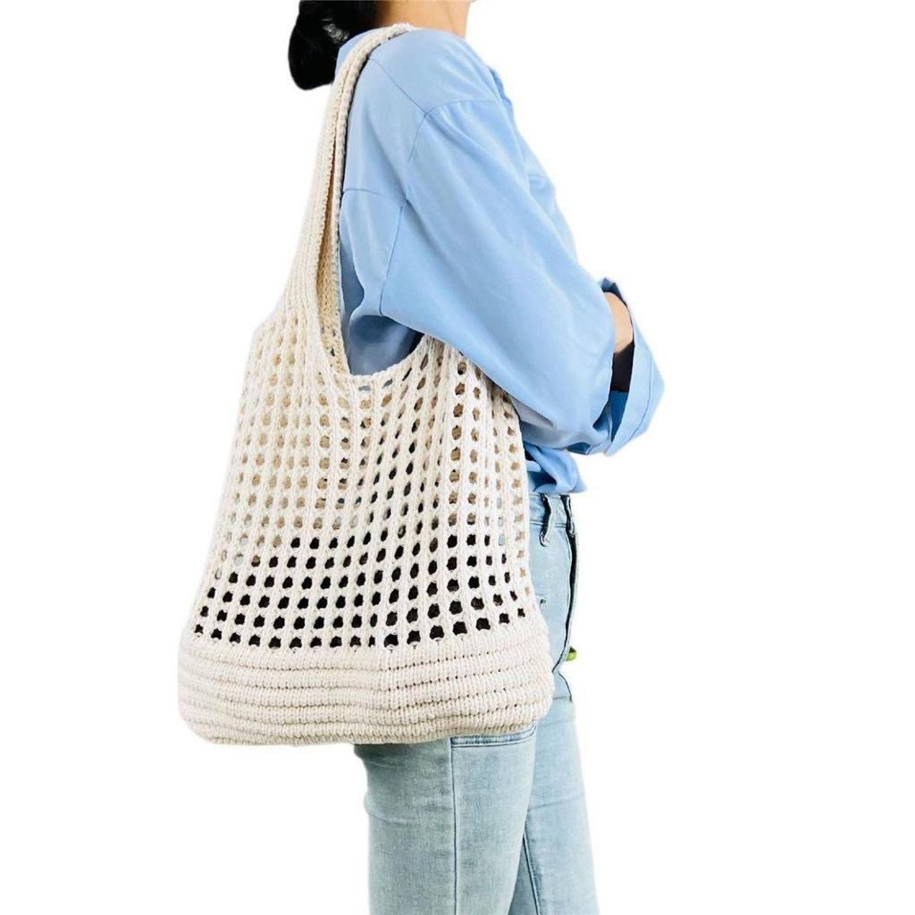 Bolso de punto versátil para mujer con bloques de color - Bolso de hombro individual calado para la playa o el trayecto