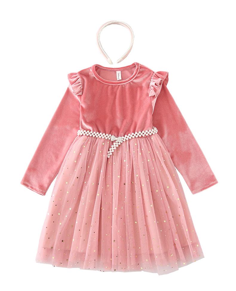 Girls long-sleeved foreign party dress princess dress performance dress children's clothing star mesh dress
