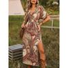 Böhmisches Print V-Ausschnitt Lockeres Midi-Kleid mit Schlitz, Neues Mode-Herbstkleid für Damen, Lässiger Europäisch-Amerikanischer Stil für den grenzüberschreitenden Handel
