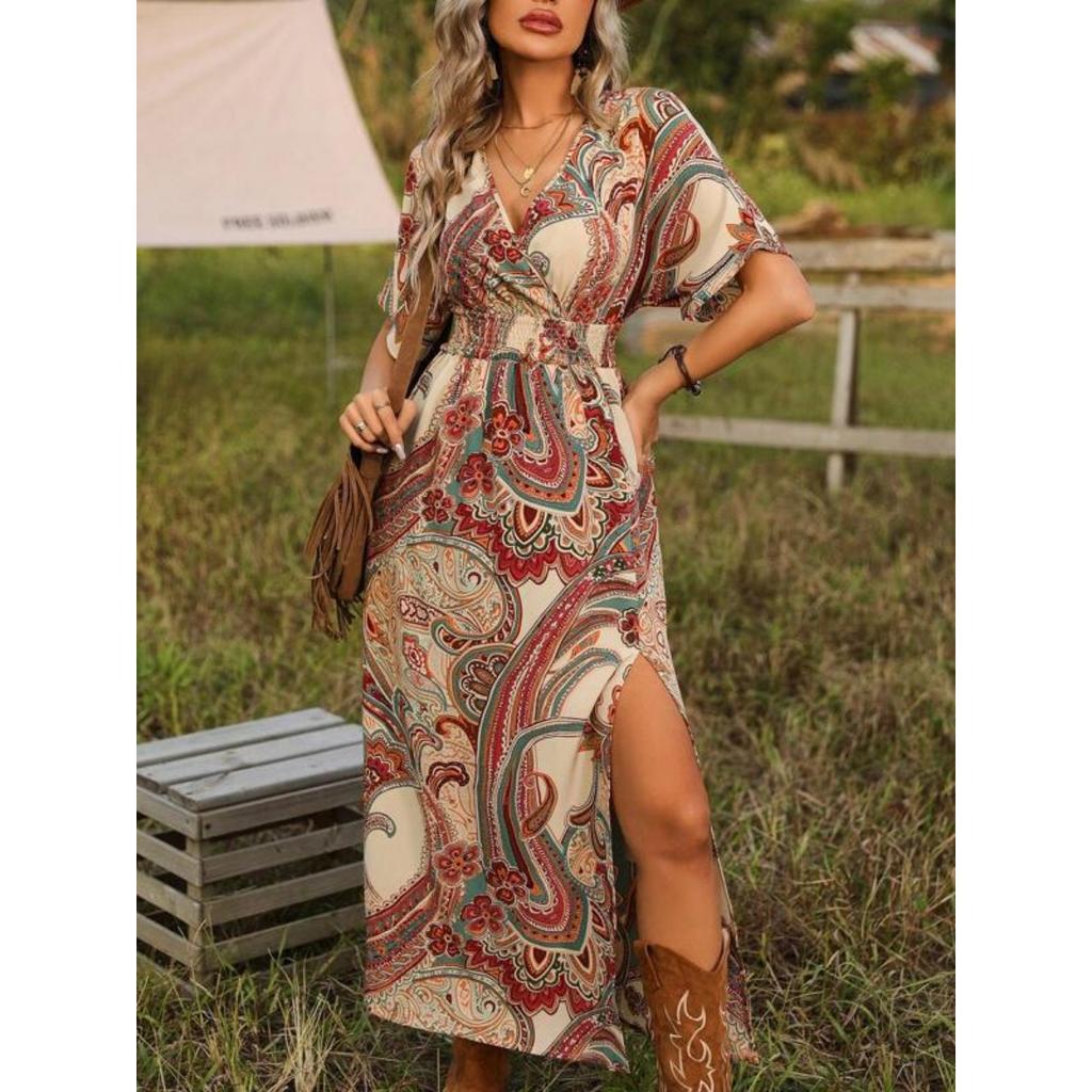 Böhmisches Print V-Ausschnitt Lockeres Midi-Kleid mit Schlitz, Neues Mode-Herbstkleid für Damen, Lässiger Europäisch-Amerikanischer Stil für den grenzüberschreitenden Handel