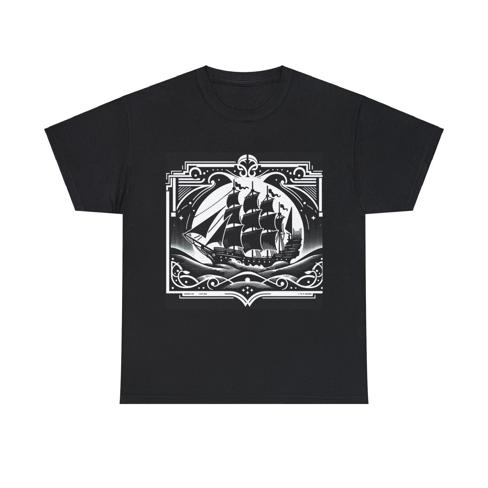 Unisex Adult T Shirt Art Deco Black White Pirate Ship Nautical Beach Ocean Tee S