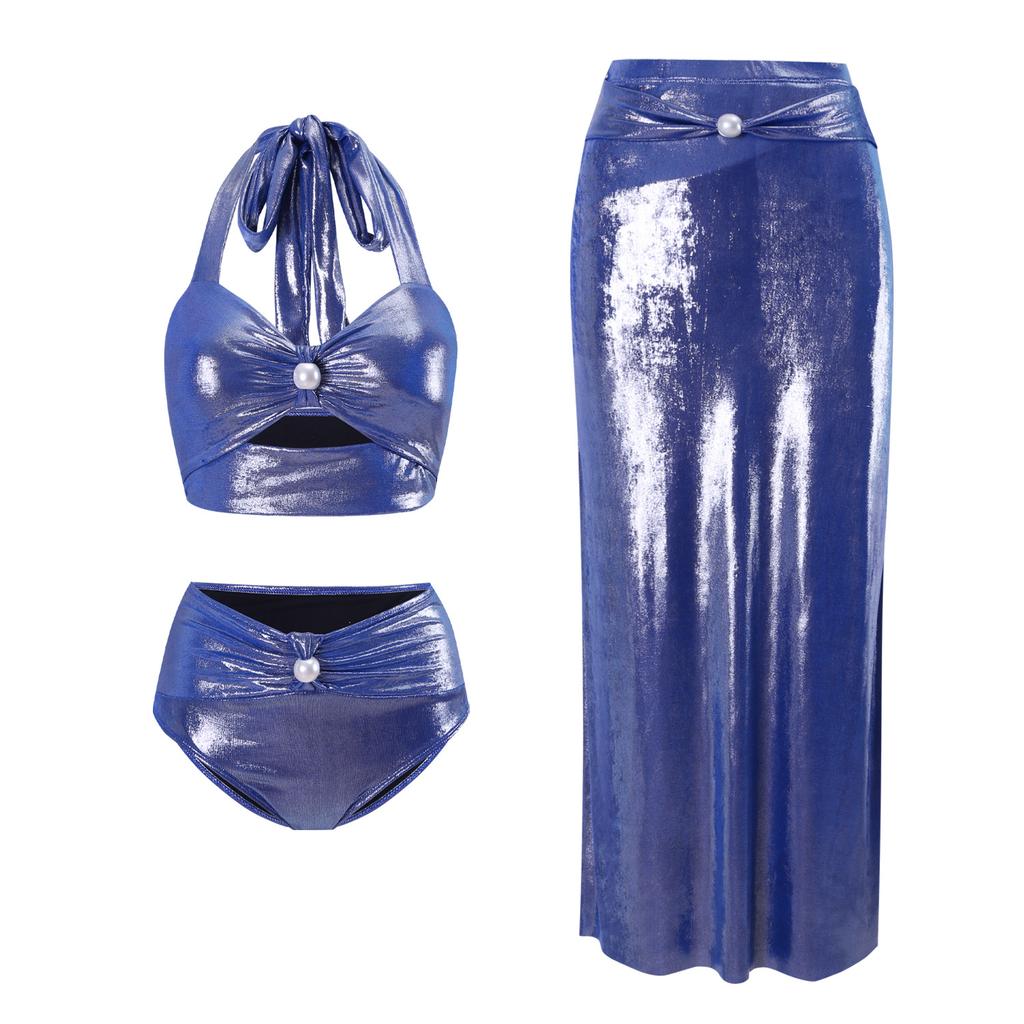 1011 European and American swimwear new fog blue glossy deep V neck pearl one-piece swimsuit women's explosion 11111