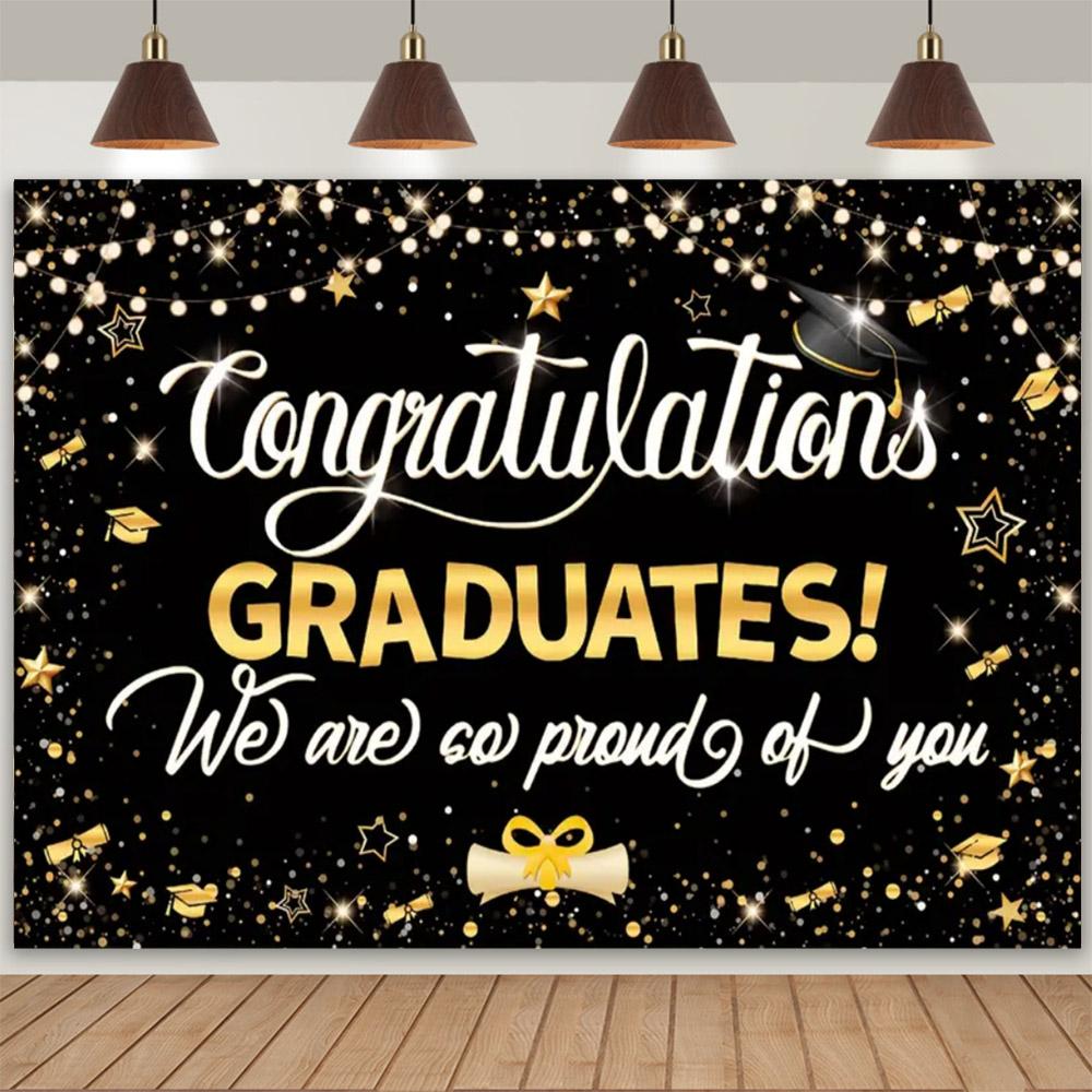 Abschlussfoto-Hintergrund, Glückwünsche, Abschlussfeier, Abschlusskappe mit gold-schwarzem Pailletten, Plakat mit personalisiertem Text, Banner