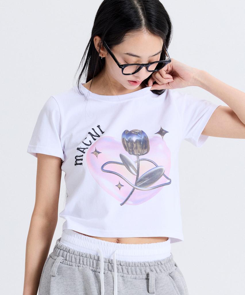 Makeuni Rose Heart Crop T-Shirt White