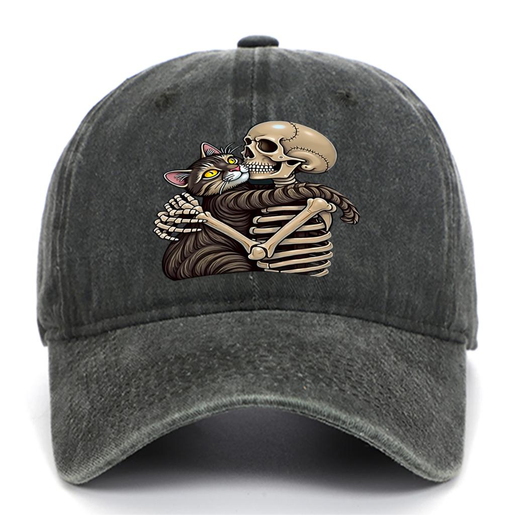 Cat and Skeleton Printed Baseball Hat Adjustable Washable Outdoor Sunscreen Hat Suitable As Halloween Gift for Men and Women