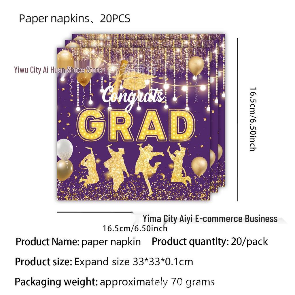 Graduation Party Disposable Tableware Set: Paper Plates, Cups, Banner, Tablecloth, and Knives. Perfect for University Graduation Celebrations.