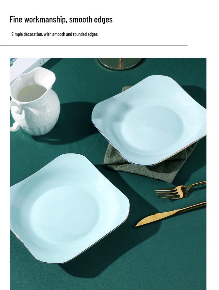 Gold Rim Celadon Square Plate - Light Luxury Ceramic Tableware Set