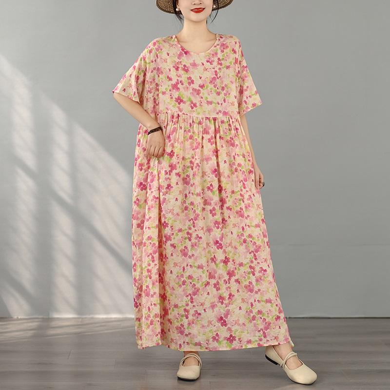 Kurzarm Plus Size Baumwolle Vintage Blumenmuster Neu in Kleidern für Damen lässig locker langes Sommerkleid
