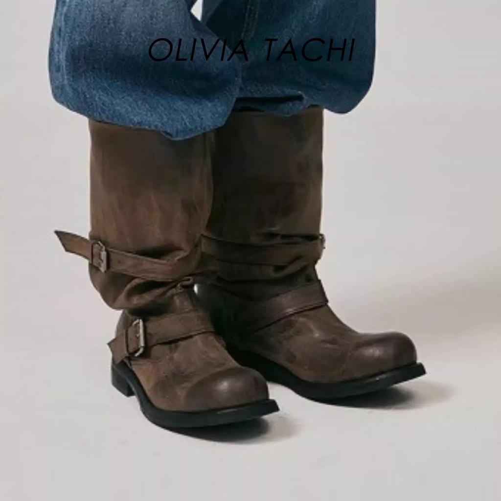 Sheepskin Version~ Western Cowboy Pleated Pile Boots Women's 2025 New Leather Thick Heel Retro Medium Tube Knight Boots