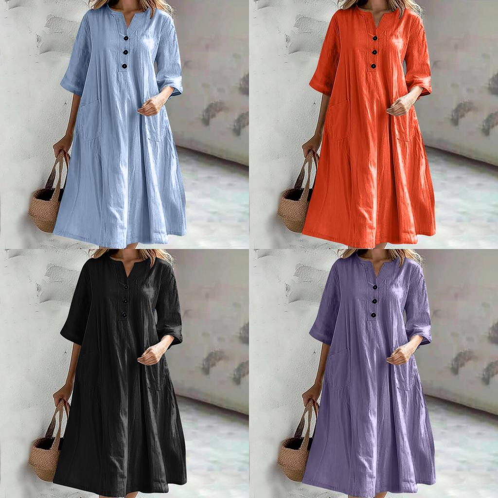 Casual A Line Dress With Pockets For Womens Autumn Style In Cotton Linen Fabric