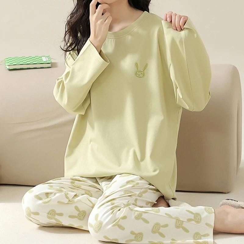 

Нова жіноча піжама бавовняна з довгими рукавами картаті штани жіноча піжама з круглим вирізом жіноча піжама з принтом букв одяг для сну корейський домашній одяг XXL