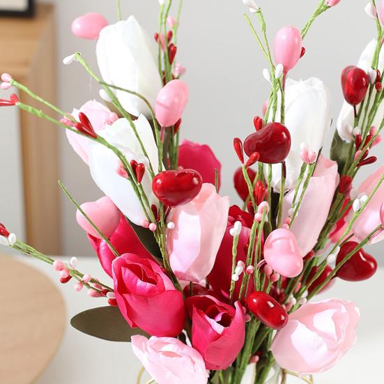 Künstlicher Tulpenblütenstiel Herzförmige Beerenpicks für Valentinstag Jahrestag Blumensträuße Hochzeit Heimdeko
