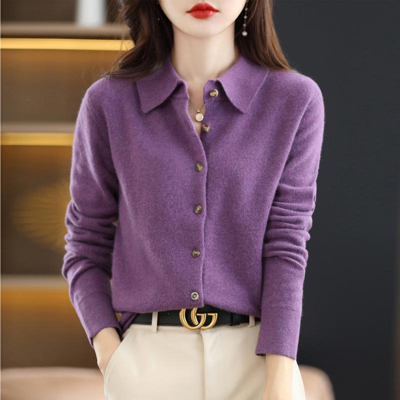 

Women s Polo Collar Knitted Cardigan - Long Sleeve, Trendy, Loose Fit, Perfect for Spring and Autumn. Medium