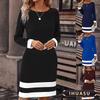 Women's Fashion Autumn Winter Long Sleeve O-Neck Solid Color Print Casual Dresses Elegant