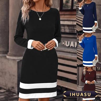 Women's Fashion Autumn Winter Long Sleeve O-Neck Solid Color Print Casual Dresses Elegant