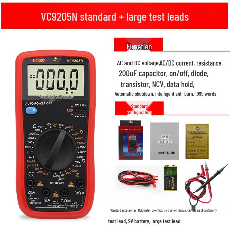 Shengde DT9205N High-Precision Digital Multimeter with Anti-Burn Protection and Auto Power-Off