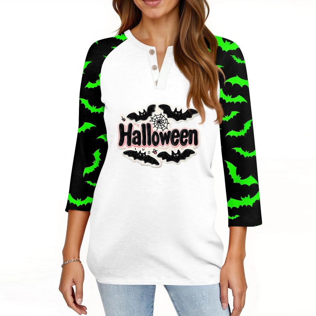 Dames T-shirt Halloween Print Knopen 3/4 Mouw Dagelijks Weekend Mode Basic V-Hals Normaal Topje