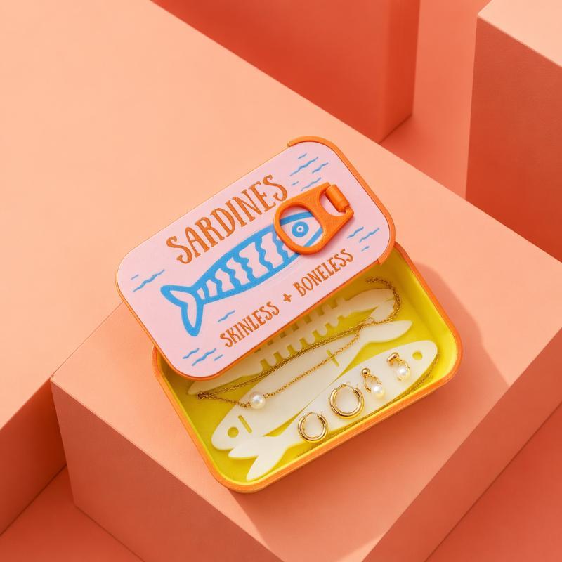 Sardine Tin Jewelry Box 3D Printed Easy Open Durable Small Jewelry Organizer for Rings Earrings Perfect for Dresser Decor