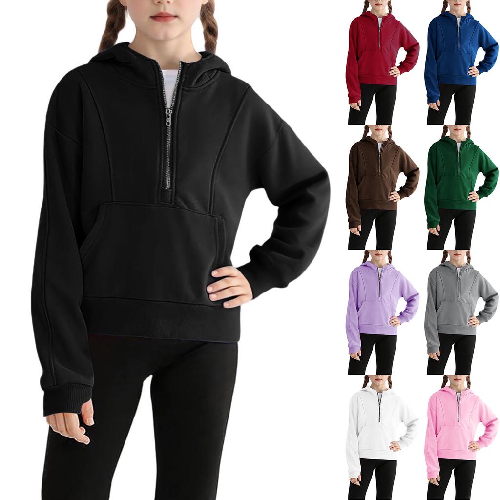 Children's Hooded Zipper Thickened Sweatshirt For Girls Solid Color Top