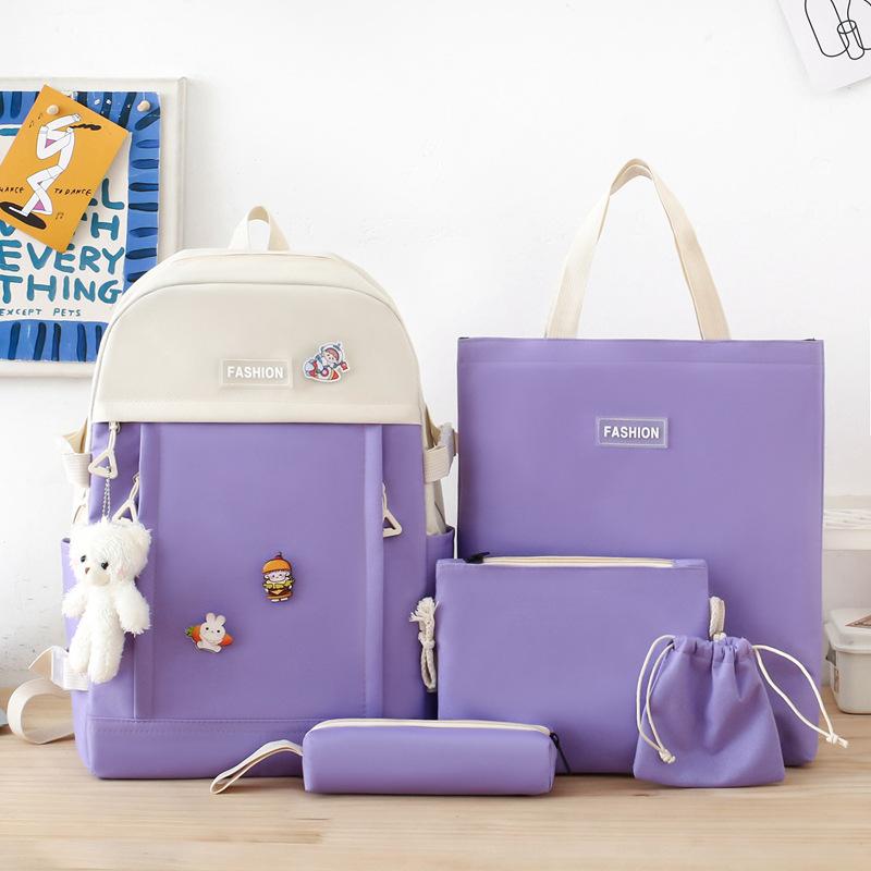 School Bag New Canvas Campus Backpack Five-piece Set Simple and Versatile Junior High School School Bag Multi-functional Casual Girls Backpack