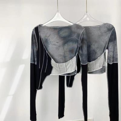 High-Quality Women's Slim Fit Tie-Dye Long-Sleeved Patchwork T-Shirt with Irregular Design
