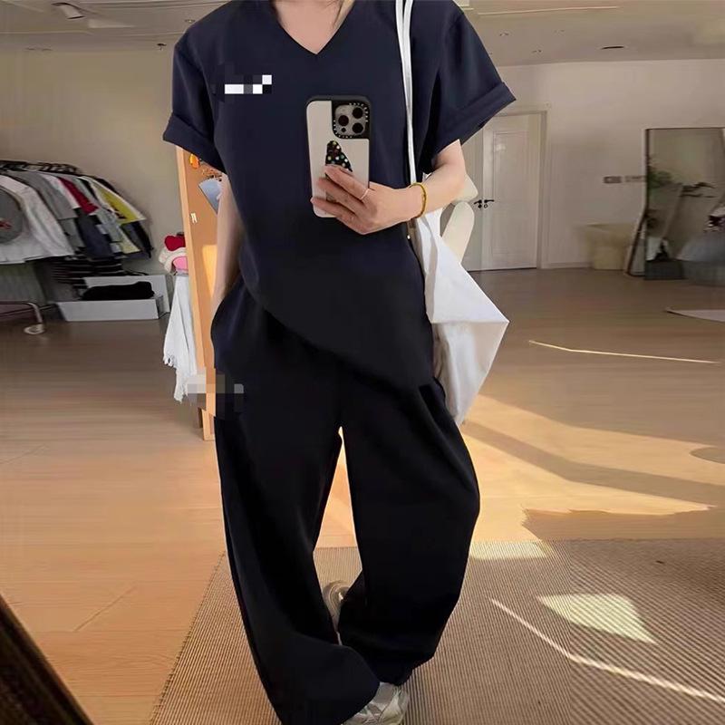 Summer Women's V-Neck Two-Piece Set: Loose Short-Sleeve T-Shirt & High-Waist Casual Trousers