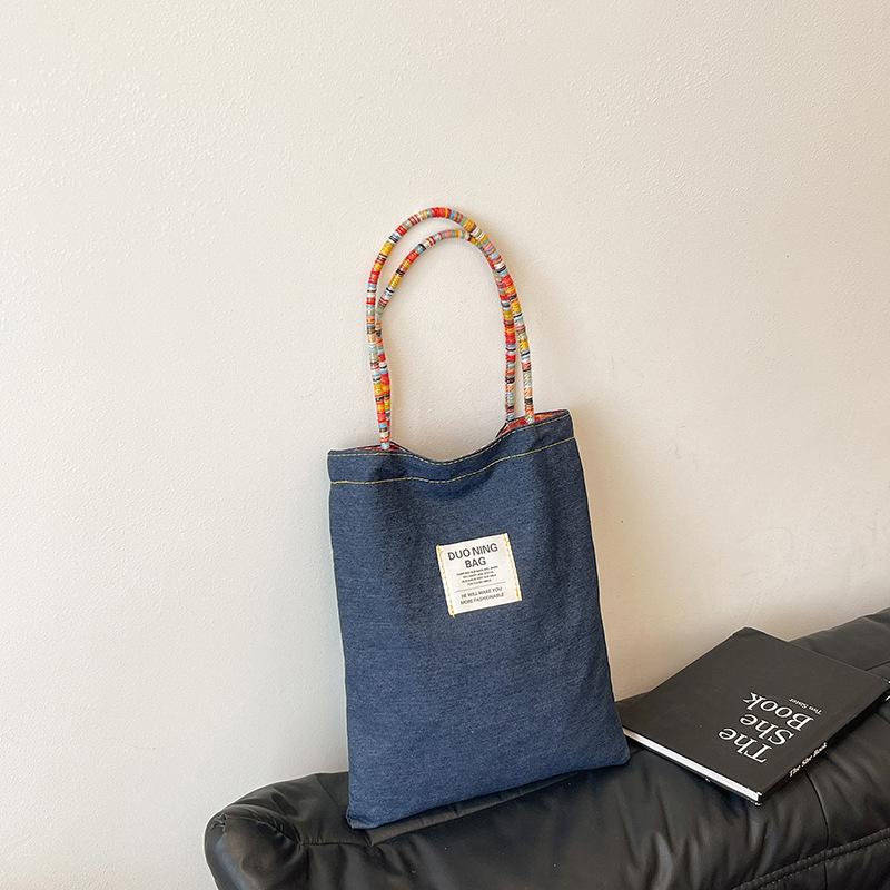 

Американская двусторонняя сумка, клетчатая джинсовая парусиновая сумка, универсальная сумка-тоут для поездок на работу, ретро контрастная цветная сумка, доступная с обеих сторон