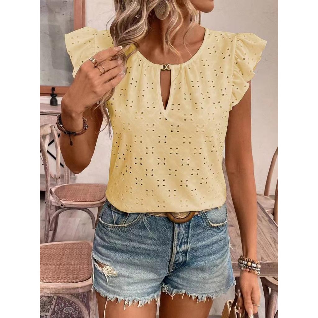 Jacquard V-Neck Push-Up Sleeve Short Sleeve T-Shirt Top,Women's