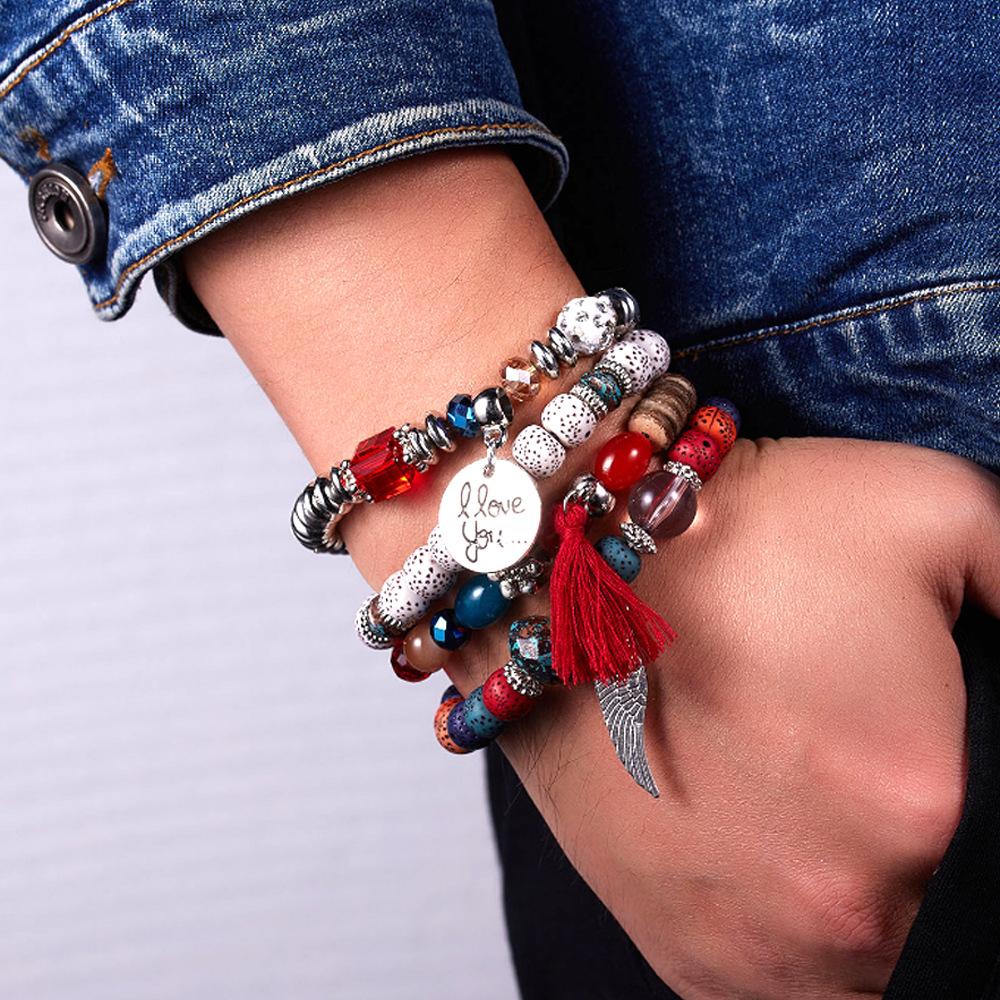 4pcs Bohemian Tree of Life & Feather Wing Pendant Bracelets - Handmade Acrylic Couples' Bangle , Bohemian Handcrafted Bracelets For Women& Men