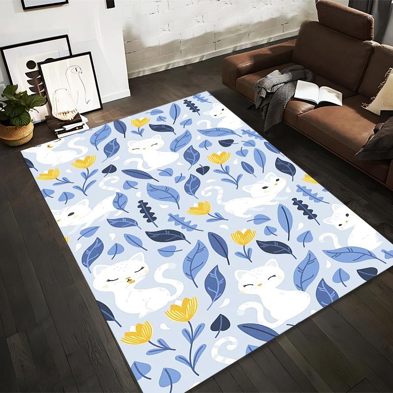 

Adorable White Cats and Blue Leaves Patterned Carpet with Yellow Flowers Decor Suitable for use as an anti-slip for room and bedroom sofas 40x60cm( 15x23in )