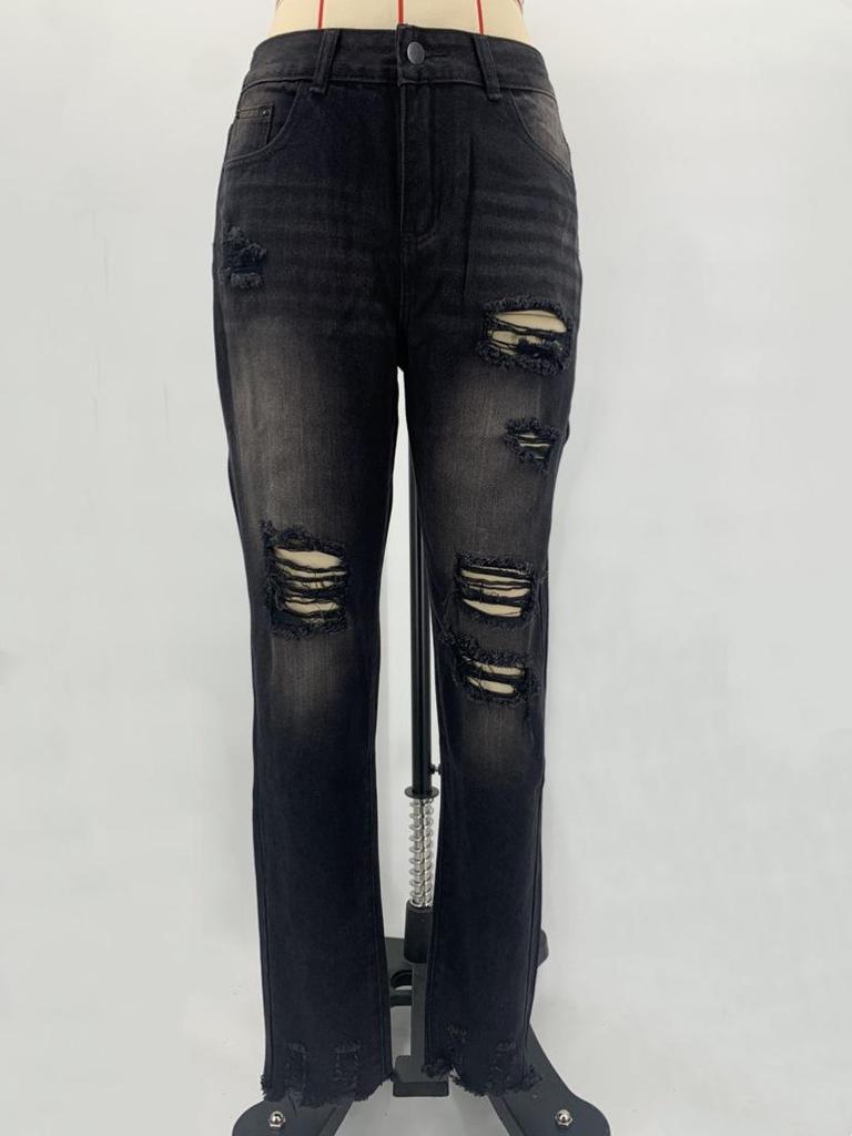 Women's Slim-Fit Ripped Straight-Leg Jeans - Versatile Solid Color