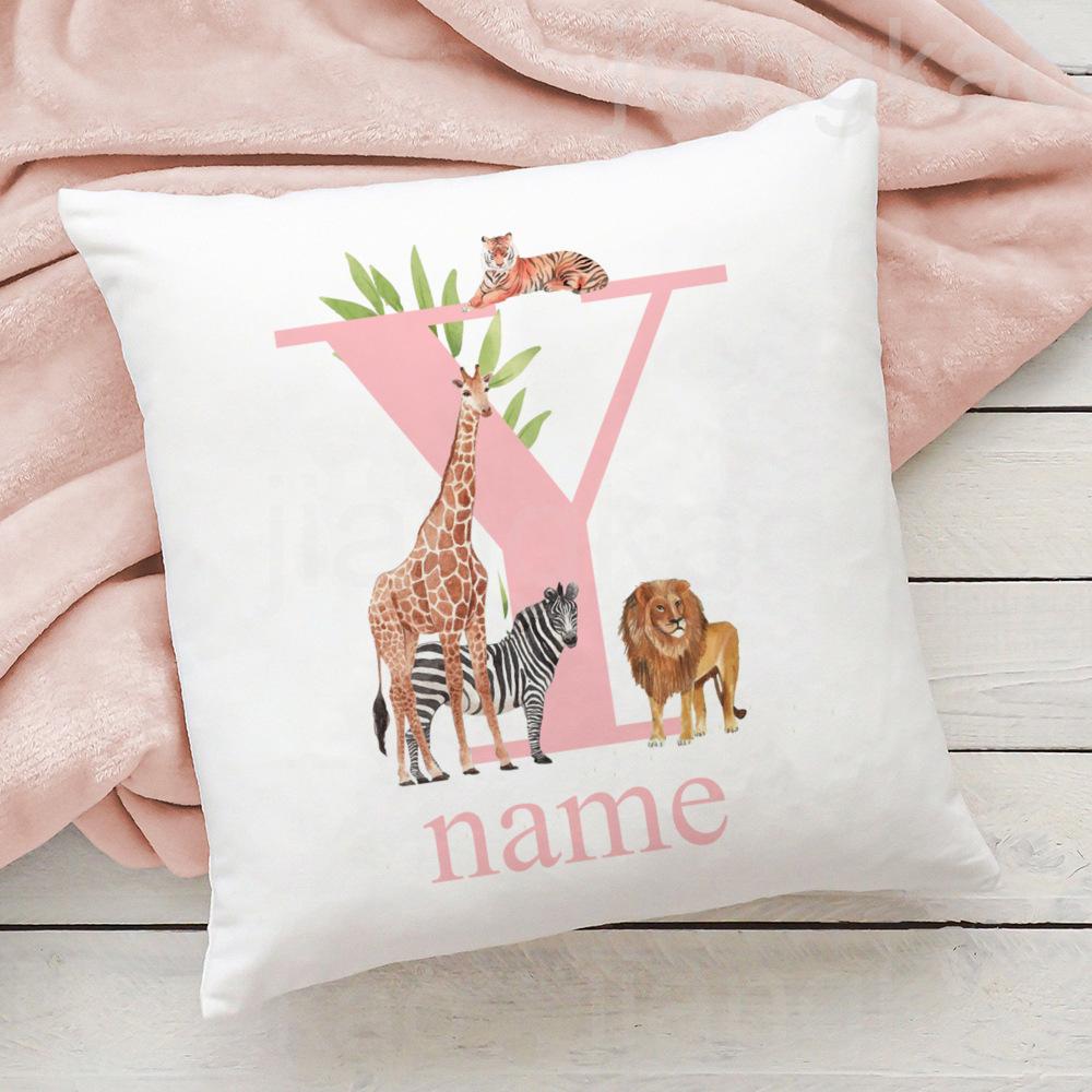 Personalized Pillow Case Initial with Name Safari Animal Pillow Cover Kids Bedroom Wild Party Decor Kids Birthday Shower Gift