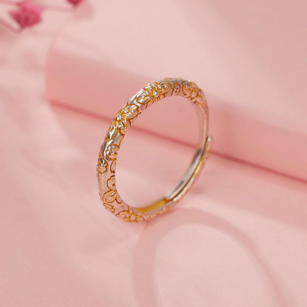 S925 Silver-painted Gold Cherry Blossom Plain Ring Women's Retro Color Separation Chinese Flower Ring Ethnic Style Open Ring Jewelry