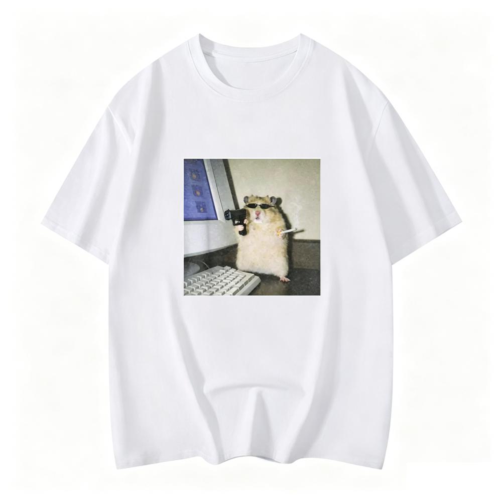Cyber Hamster Meme Cringe Funny Animal Vintage Graphic Print Tshirt For Unisex Short Sleeve Round Neck Tops Soft Clothing