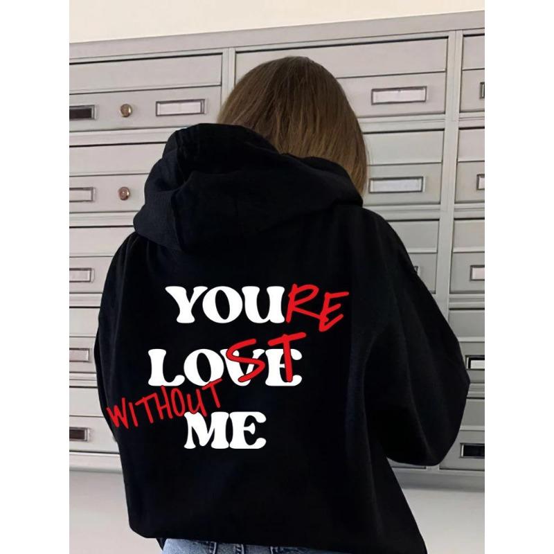 Women'S Fleece Shoulder Sleeve Sweater Plain Letter Print Kangaroo Pocket Drawstring Print Hoodie