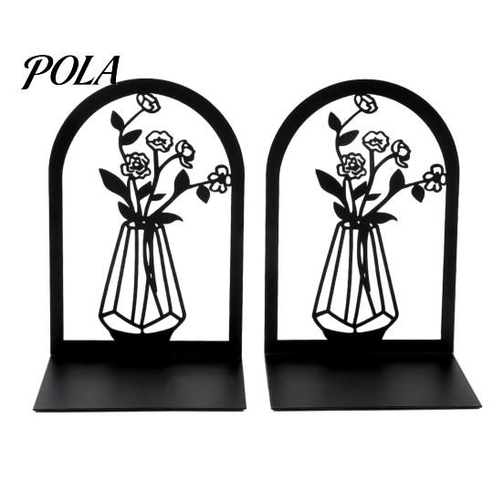 L-shaped Bookend 1 Pair Flower Metal Bookends, Decorative Vase Book Ends for Non-slip Shelves, Black Holder Stopper Home Office Reading Room