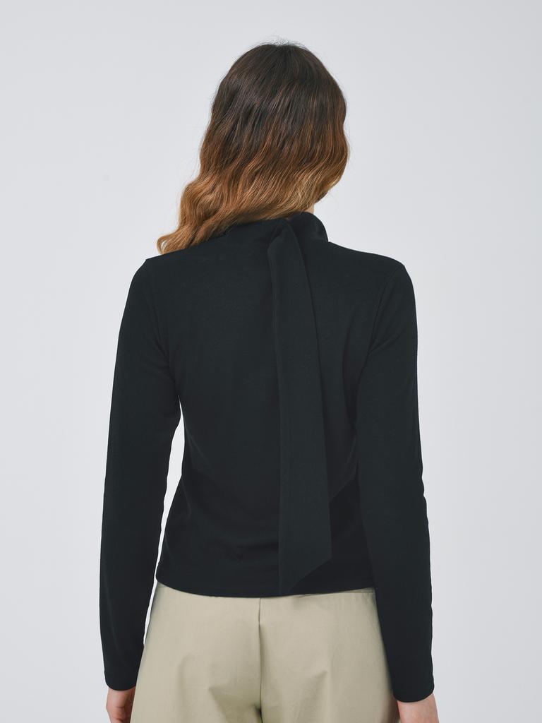 DOYOUKNOWMC Asymmetrical Ribbon Collar Black T-Shirt