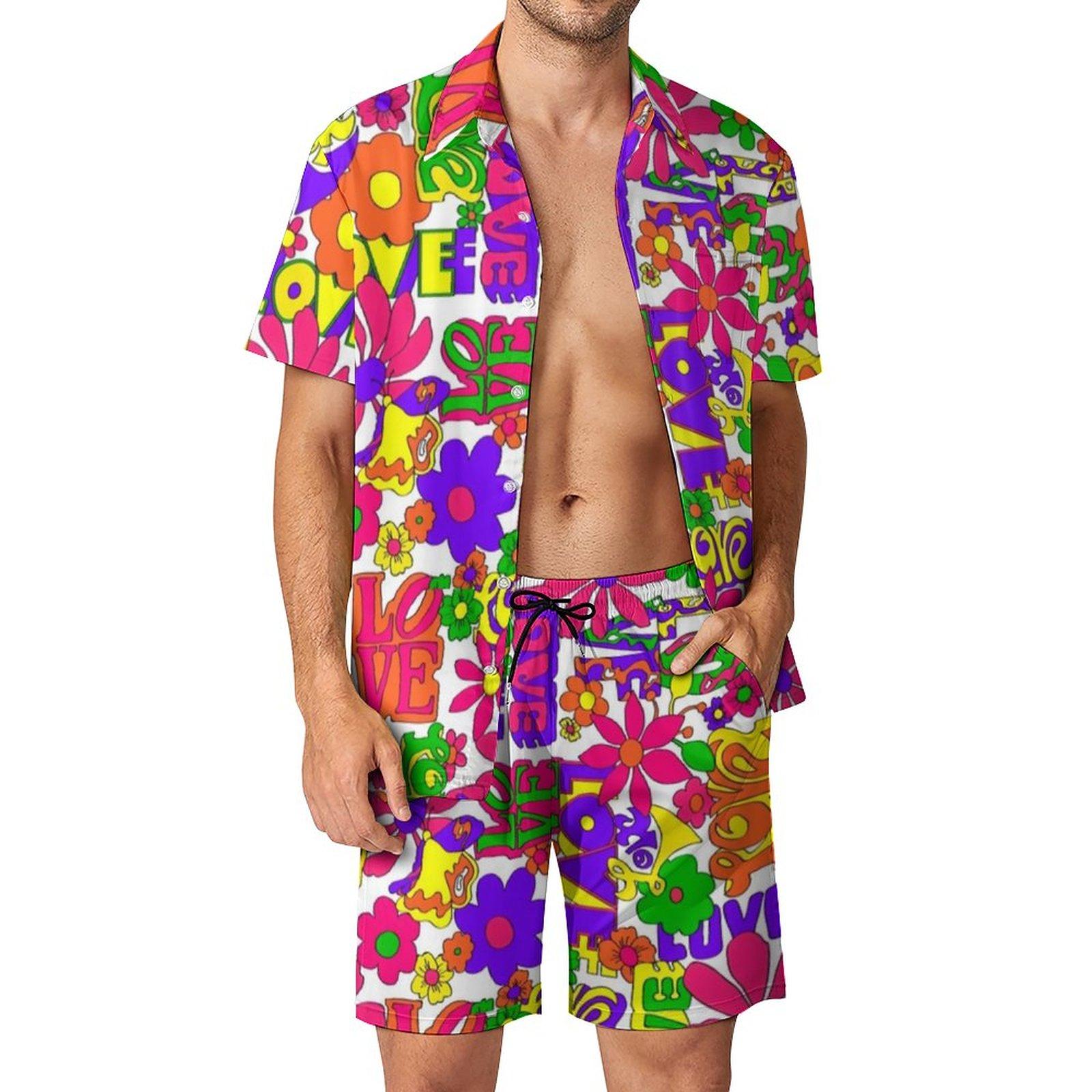 Hawaiian Shirt Set Men Retro Hippy Casual Shirt Set Trendy Beach Shorts Summer Graphic Suit 2 Piece S