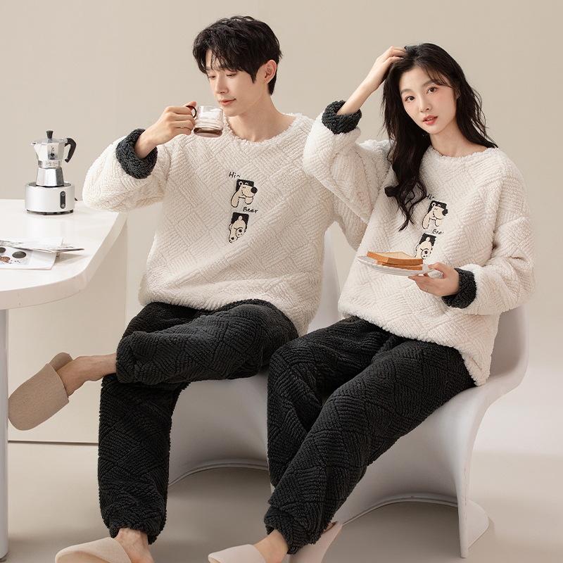 Couples' Cozy Flannel Pajama Set: Women's Plus Velvet, Men's Loose Fit, Warm Coral Fleece Homewear