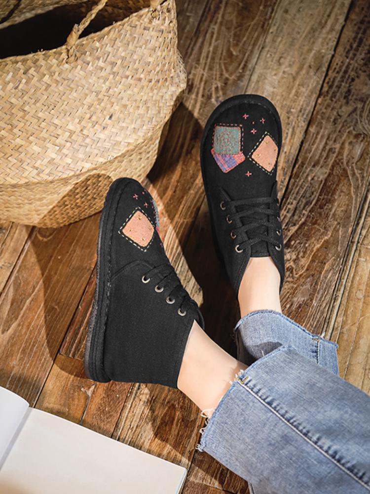 Johnature Plush Warm Cotton Shoes Handmade Embroidered Soft Sole Cloth Shoes Retro Women's Short Boots