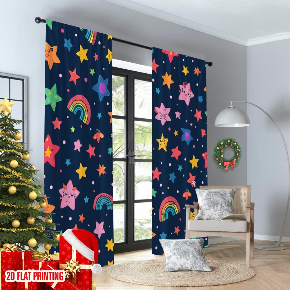 Set Of 2 Flat Printing Drapes Starry Sky Rainbow Digital Printed Polyester Festive Wall Decor Perfect Home Party Curtain