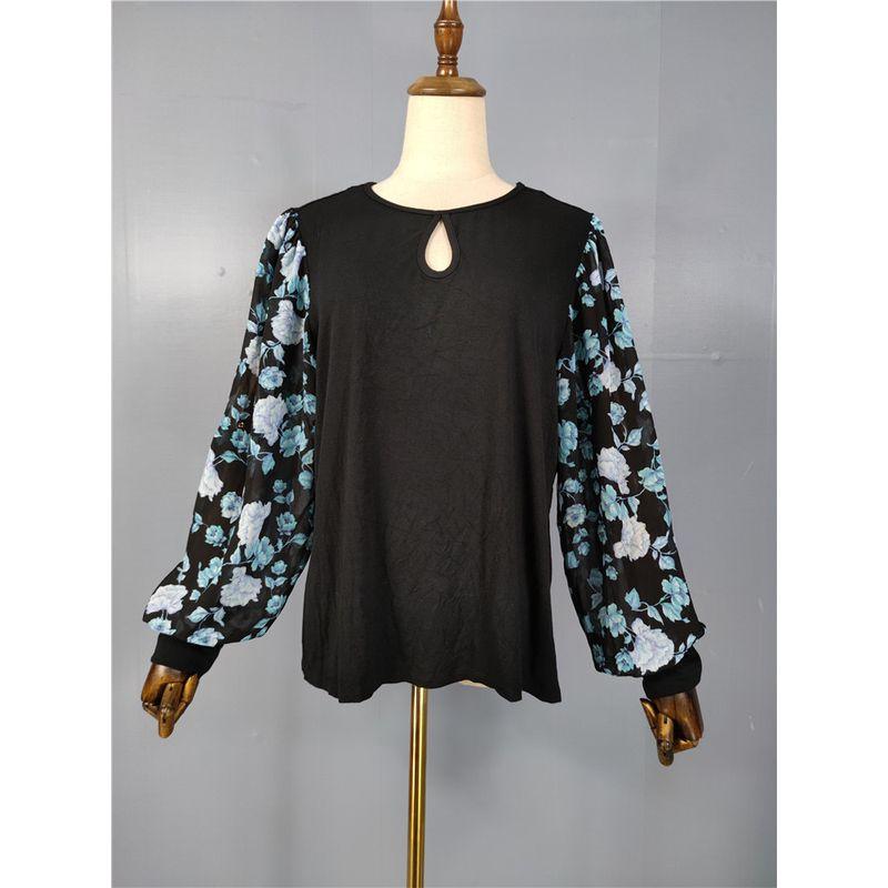 

Export Single Fashionable Temperamental All-Match Loose Exquisite Print Lantern Long Sleeve Spring New round Neck Low-Cut Tops Female Black All yards