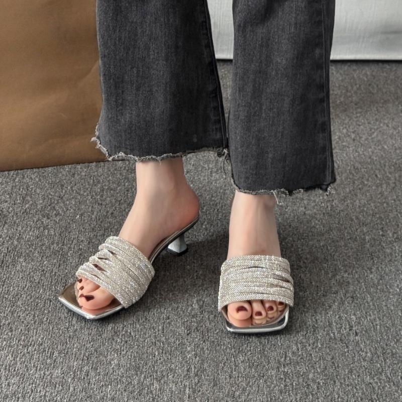 2026 French Style One-word Sandals Women's Fashion Slippers New Rhinestone Fine Belt Shaped Square Head Temperament High Heels