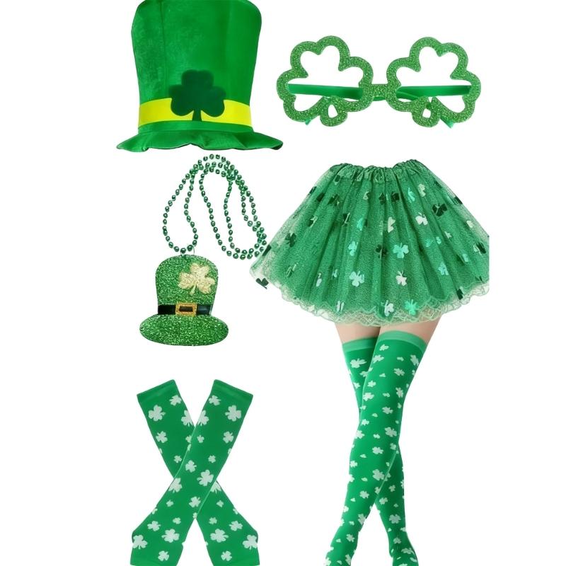 

St. Patricks Day 7pcs Costume Set Green Shamrock Dress Hat Necklace Accessories Costume Skirt Scoks for Women Party 1 зелёный
