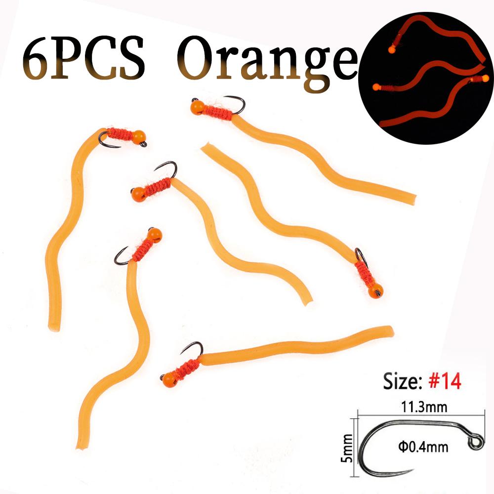 6PCS Tungsten Bead Head Squirmy Worm Jig Hook Fast Sinking Wet Fly San Juan Worm Euro Nymphs Trout Fishing Lure Bait