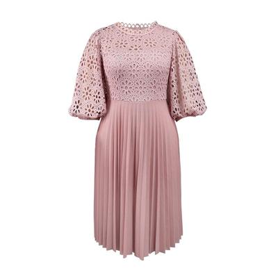 Elegant Women Formal Evening Party Dresses Pink Lace Hollow Out A-Line Pleated Gowns Slim Half Lantern Sleeve Celebration Events