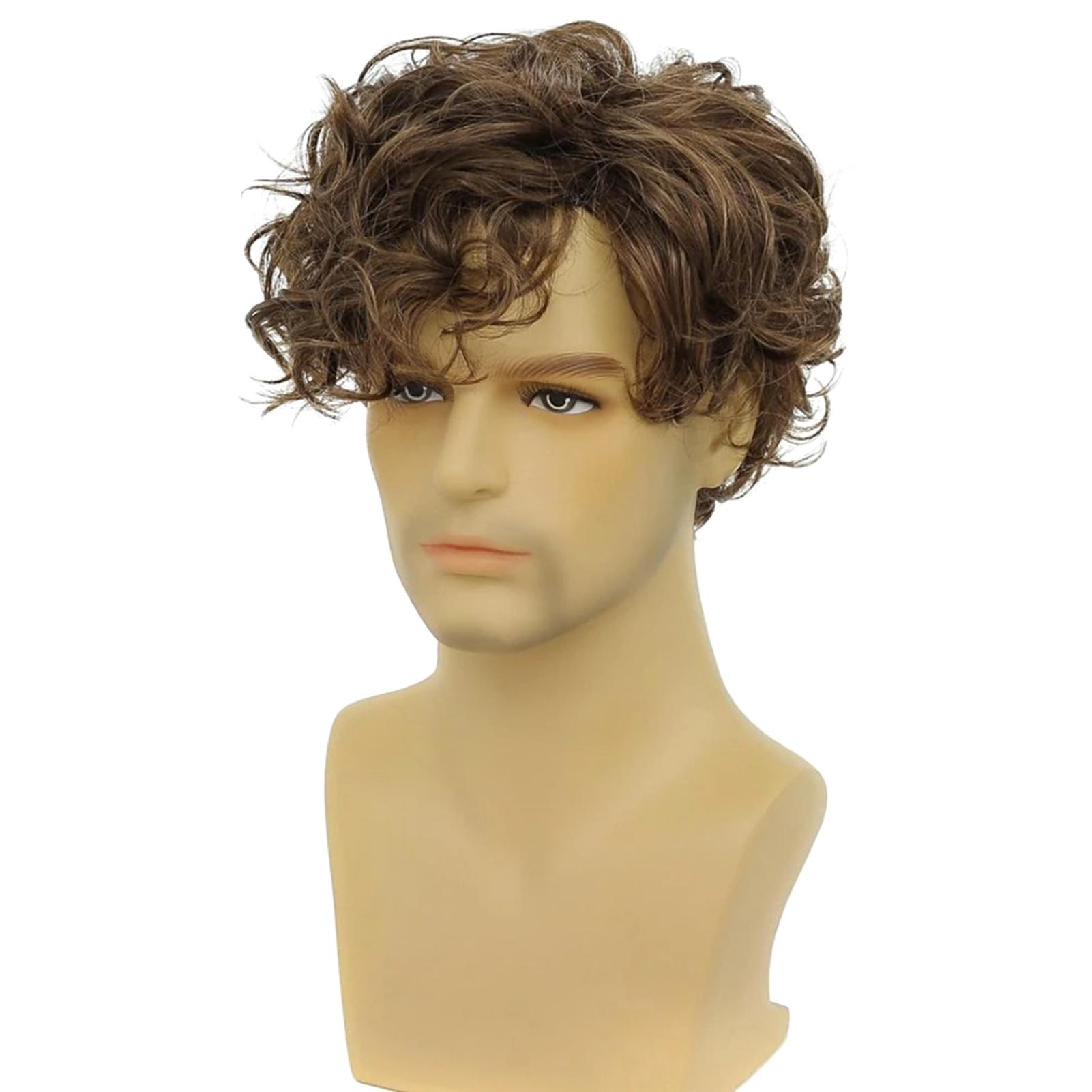 

Short Fluffy Curly Synthetic Wig Long Bangs Naturally Curl Fake Hair Replacement For Men Boys Daily Use Hair Styling коричневый